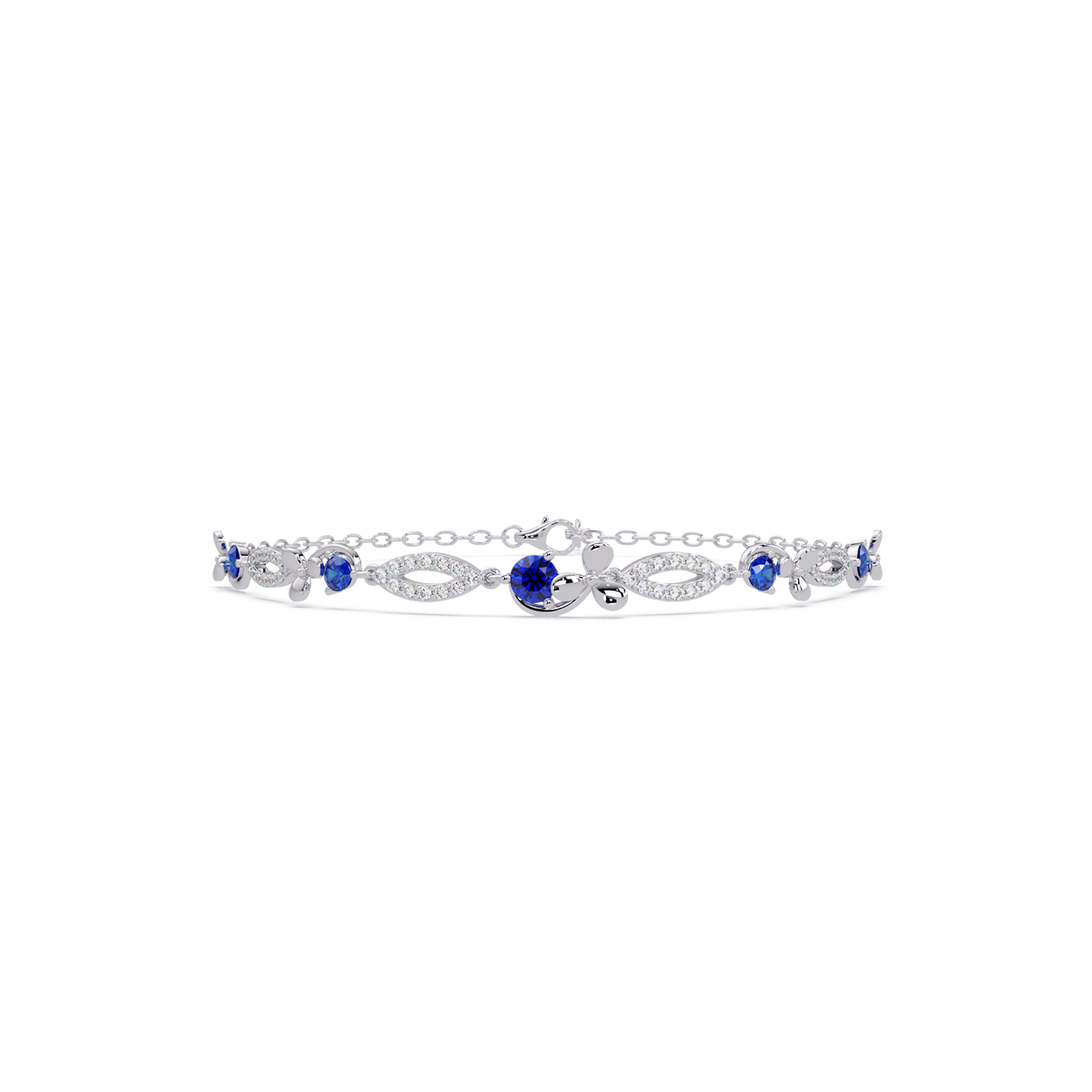 Round colorstone and pavé leaf-link bracelet in white gold, sapphire stones