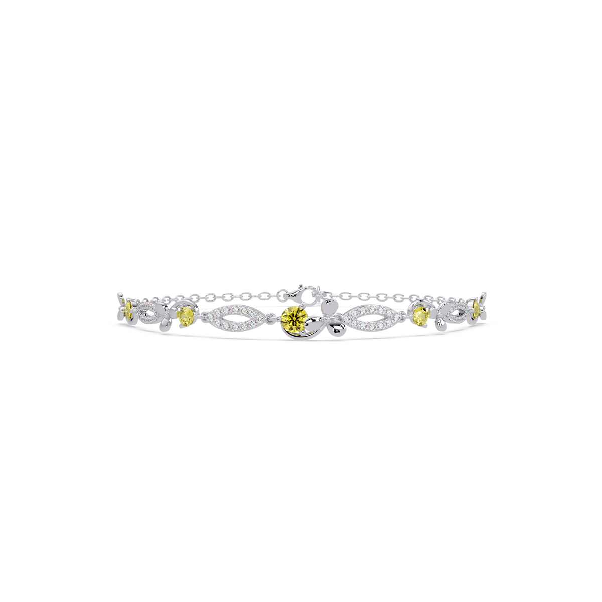 Round colorstone and pavé leaf-link bracelet in white gold, yellow stones