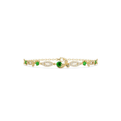 Round colorstone and pavé leaf-link bracelet in yellow gold, green stones