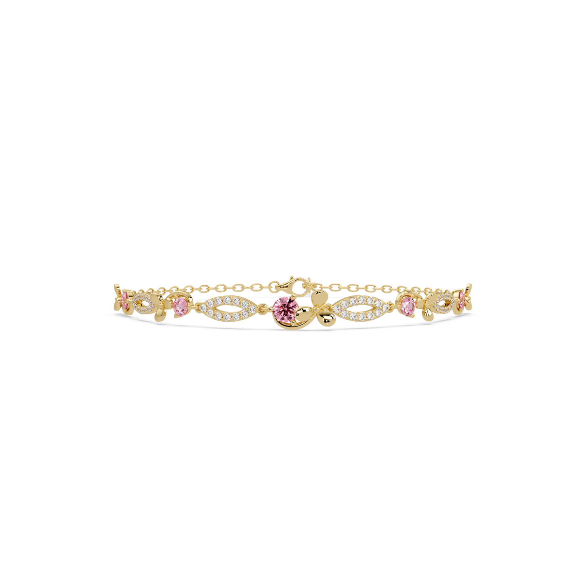 Round colorstone and pavé leaf-link bracelet in yellow gold, pink stones