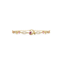 Round colorstone and pavé leaf-link bracelet in yellow gold, pink stones