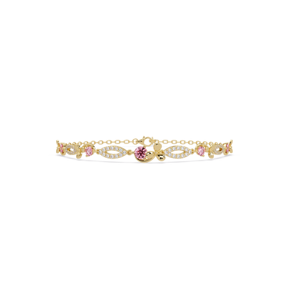 Round colorstone and pavé leaf-link bracelet in yellow gold, pink stones