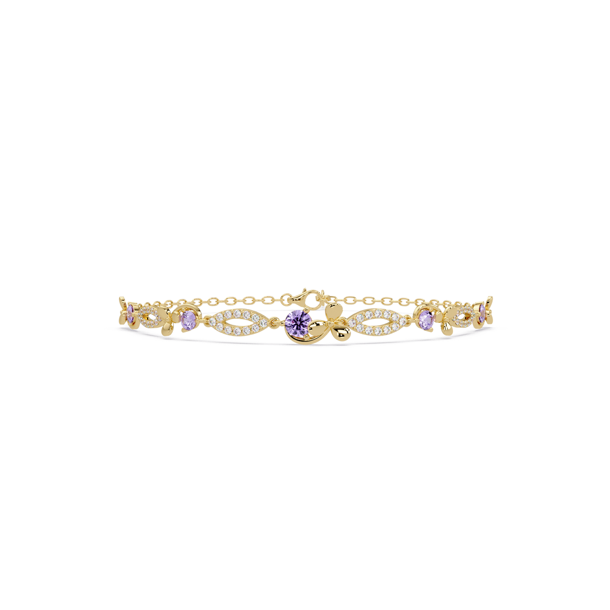 Round colorstone and pavé leaf-link bracelet in yellow gold, purple stones