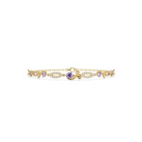 Round colorstone and pavé leaf-link bracelet in yellow gold, purple stones