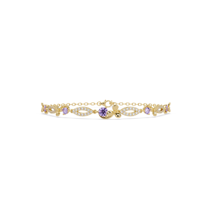 Round colorstone and pavé leaf-link bracelet in yellow gold, purple stones