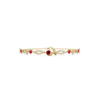 Round colorstone and pavé leaf-link bracelet in yellow gold, red stones