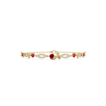 Round colorstone and pavé leaf-link bracelet in yellow gold, red stones