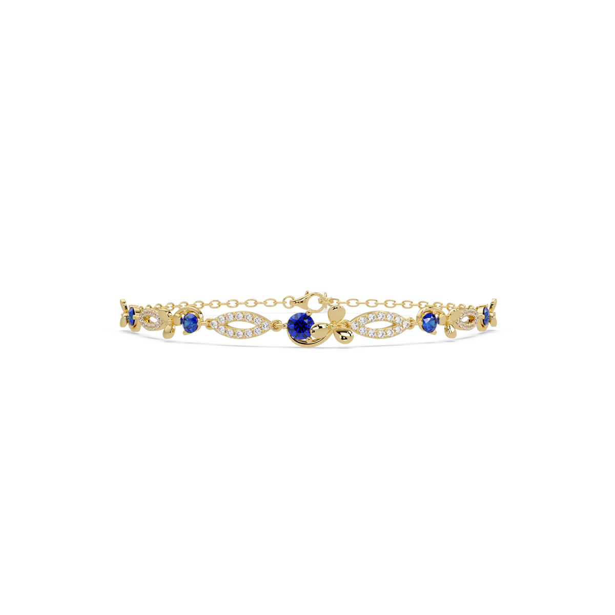 Round colorstone and pavé leaf-link bracelet in yellow gold, sapphire stones