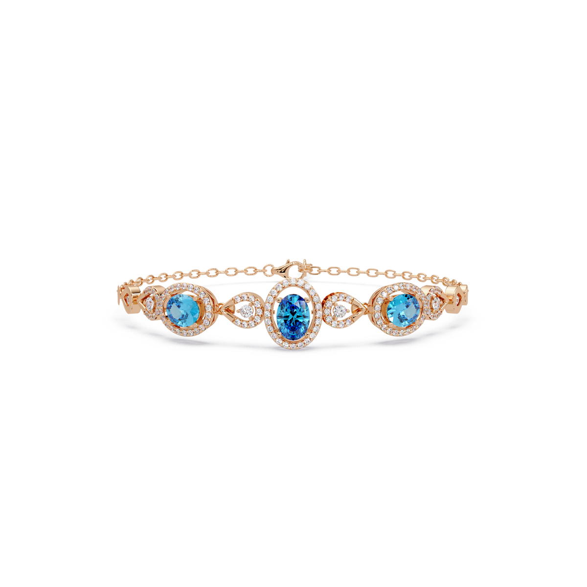 Lunéa Paris three-oval halo pavé bracelet in rose gold, aquamarine colorstones