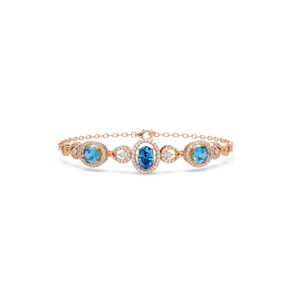 Lunéa Paris three-oval halo pavé bracelet in rose gold, aquamarine colorstones