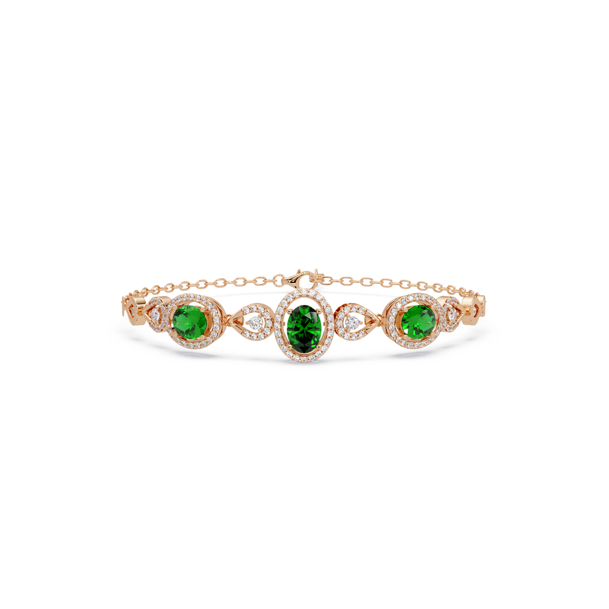 Lunéa Paris three-oval halo pavé bracelet in rose gold, green colorstones