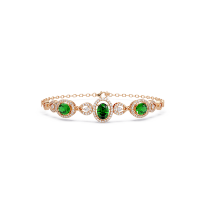 Lunéa Paris three-oval halo pavé bracelet in rose gold, green colorstones