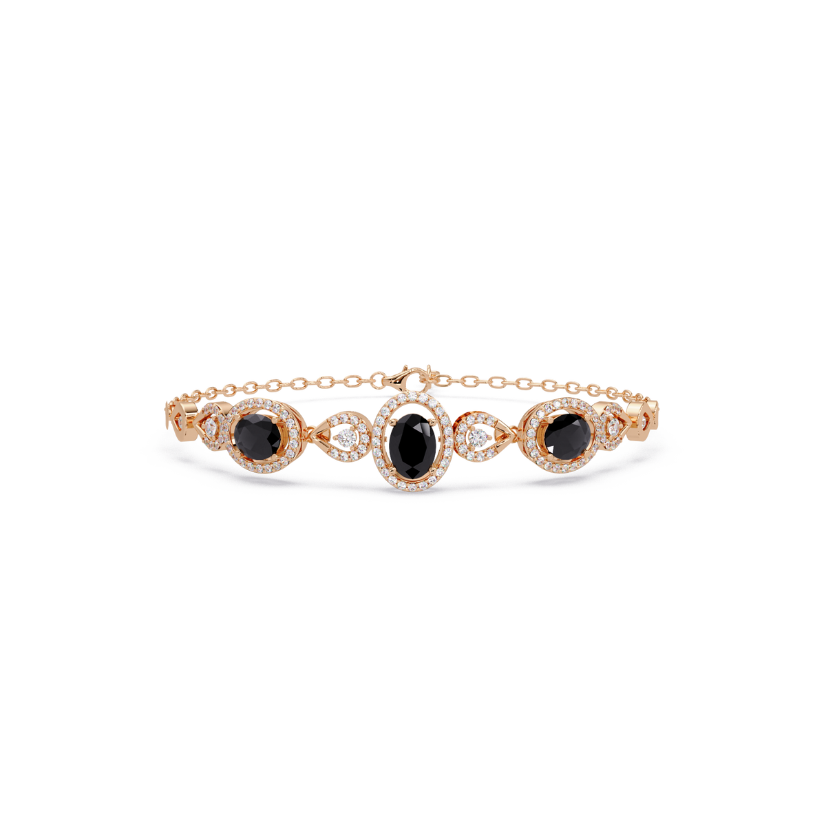 Lunéa Paris three-oval halo pavé bracelet in rose gold, onyx colorstones