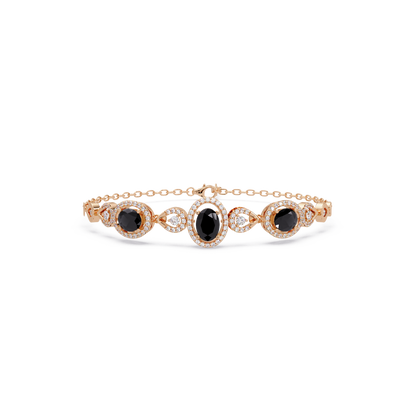 Lunéa Paris three-oval halo pavé bracelet in rose gold, onyx colorstones