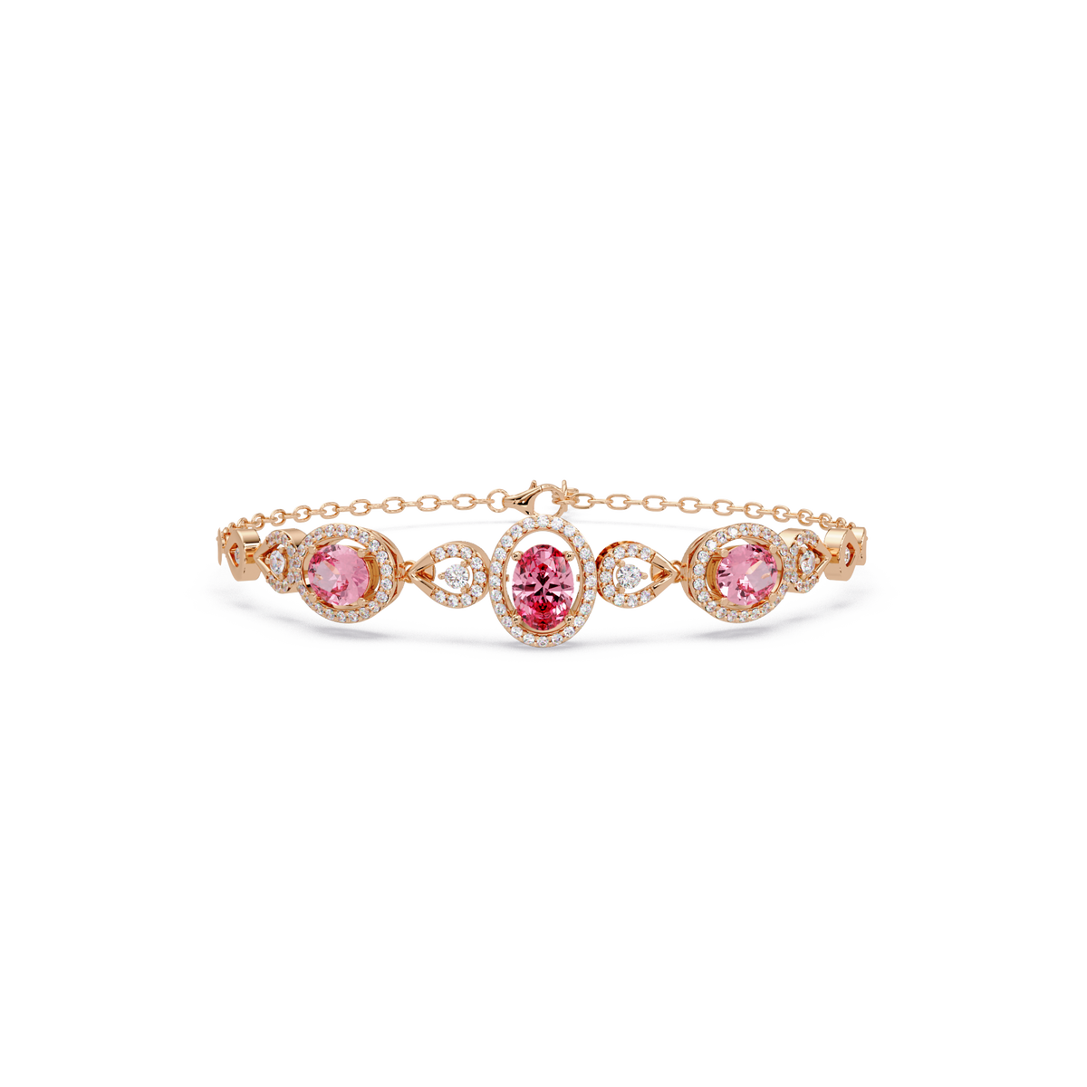 Lunéa Paris three-oval halo pavé bracelet in rose gold, pink colorstones