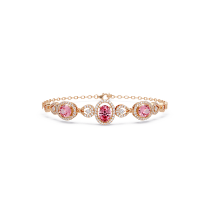 Lunéa Paris three-oval halo pavé bracelet in rose gold, pink colorstones