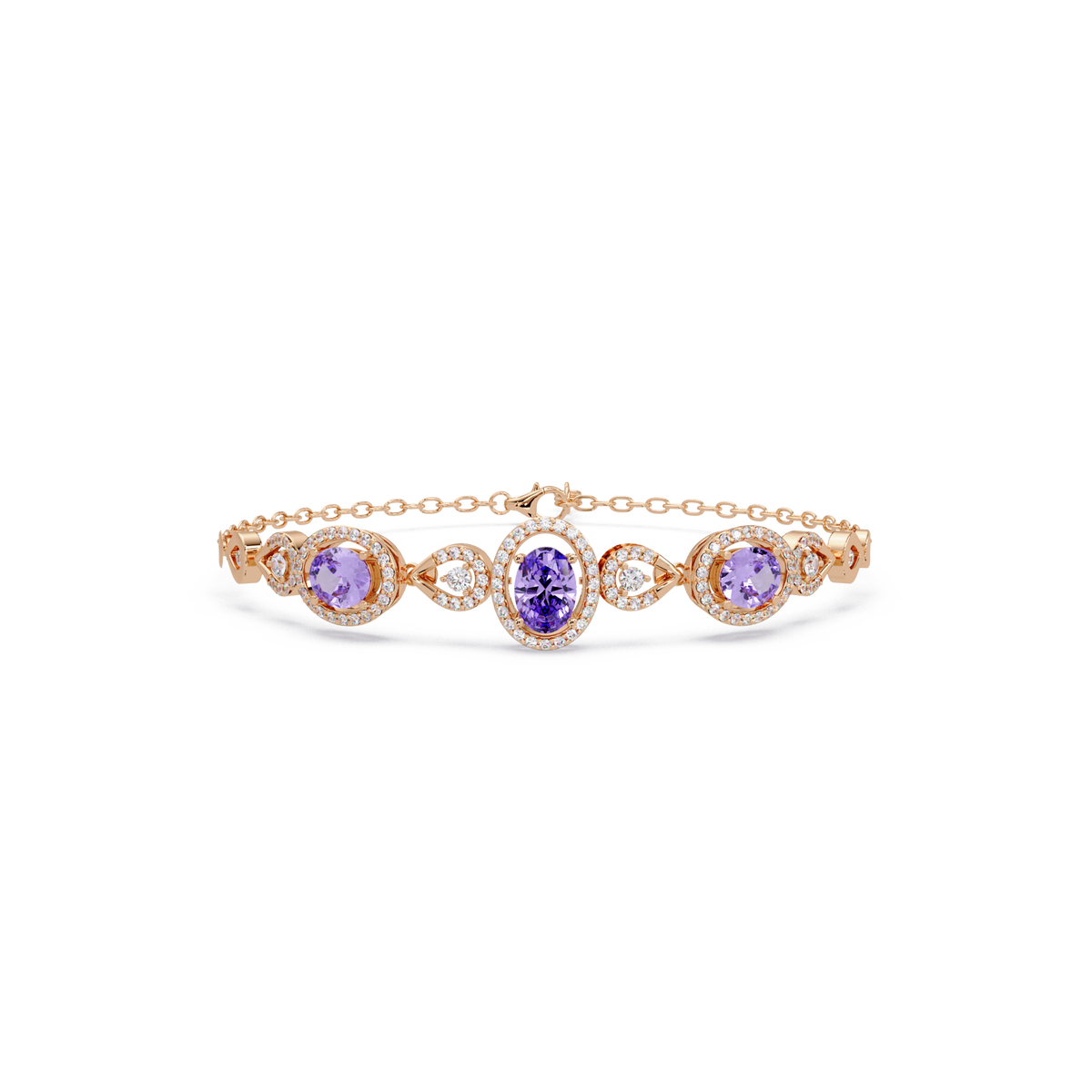 Lunéa Paris three-oval halo pavé bracelet in rose gold, purple colorstones