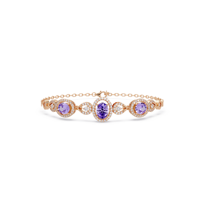 Lunéa Paris three-oval halo pavé bracelet in rose gold, purple colorstones