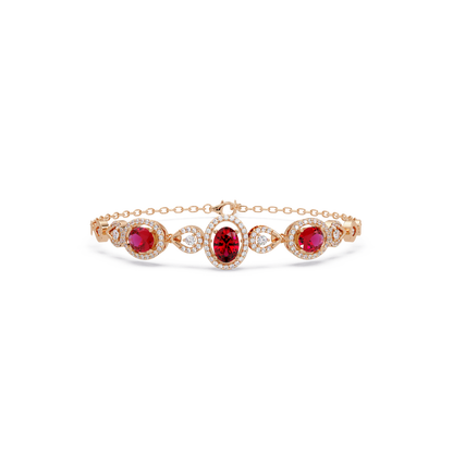 Lunéa Paris three-oval halo pavé bracelet in rose gold, red colorstones