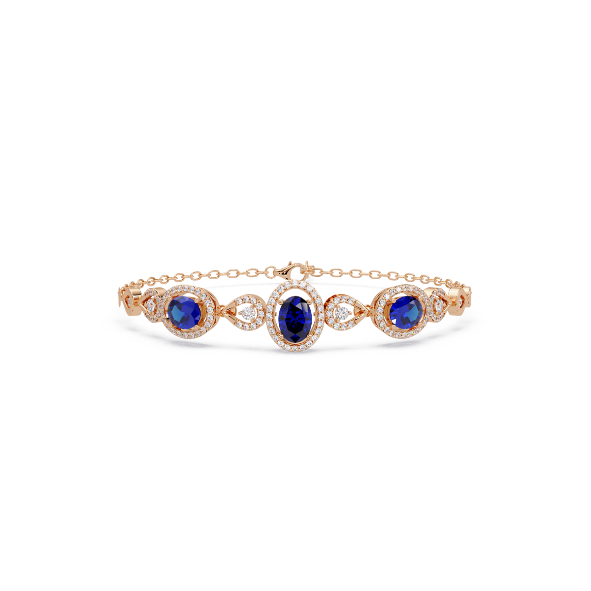 Lunéa Paris three-oval halo pavé bracelet in rose gold, sapphire colorstones