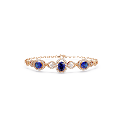 Lunéa Paris three-oval halo pavé bracelet in rose gold, sapphire colorstones