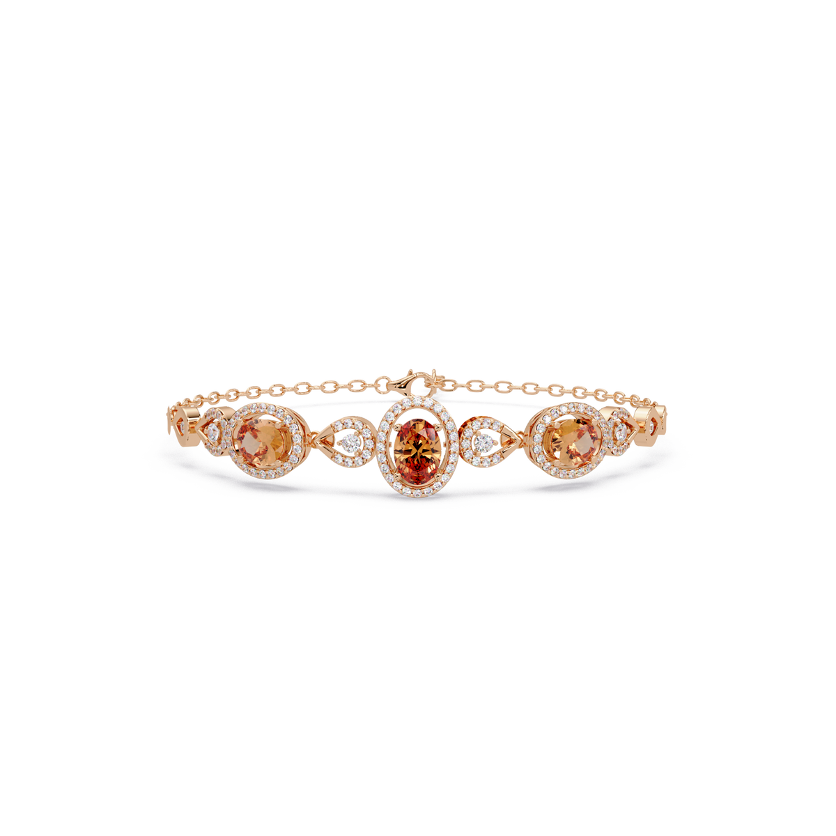 Lunéa Paris three-oval halo pavé bracelet in rose gold, topaz colorstones
