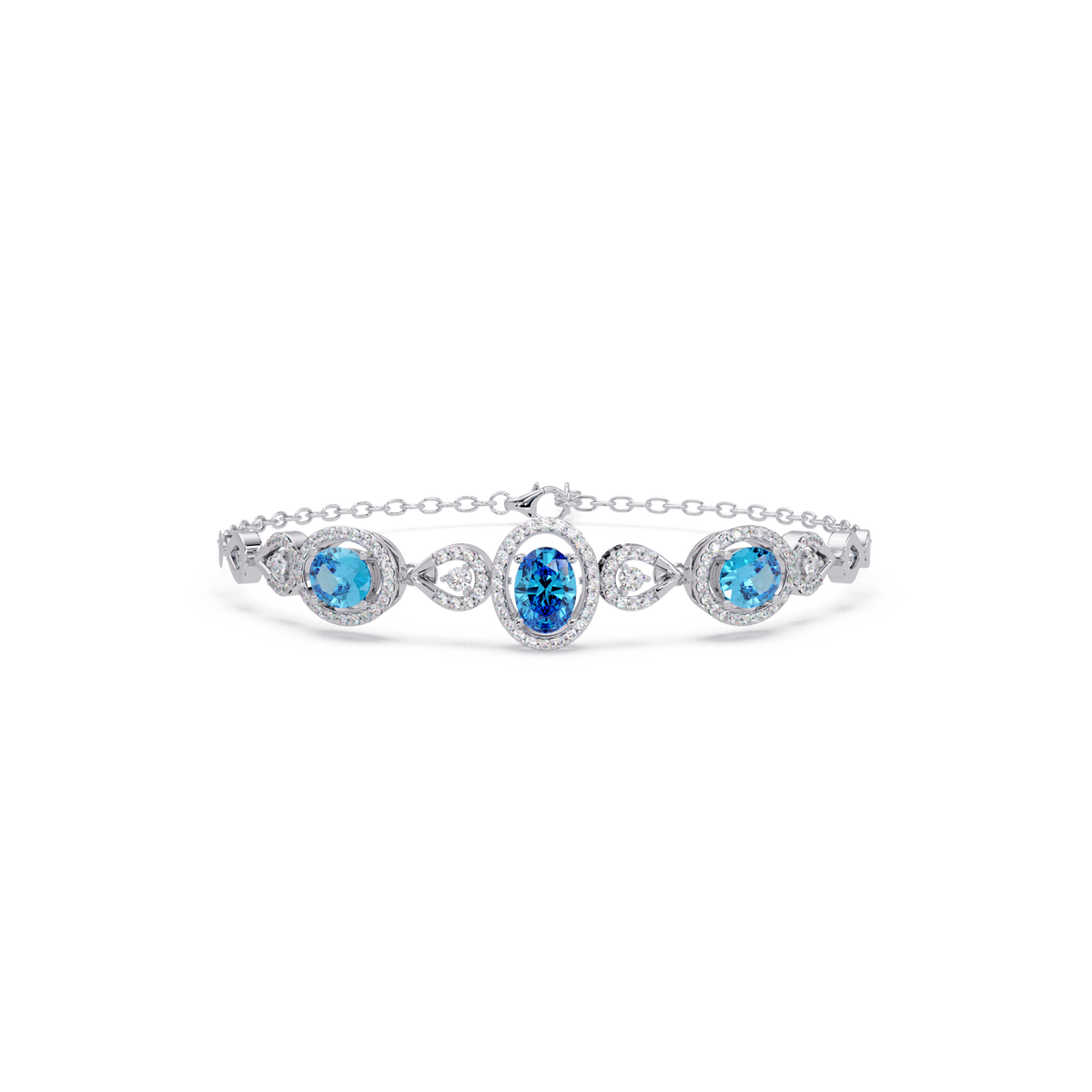 Lunéa Paris three-oval halo pavé bracelet in white gold, aquamarine colorstones