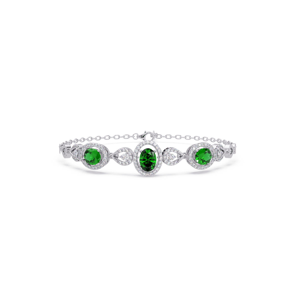 Lunéa Paris three-oval halo pavé bracelet in white gold, green colorstones