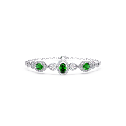 Lunéa Paris three-oval halo pavé bracelet in white gold, green colorstones
