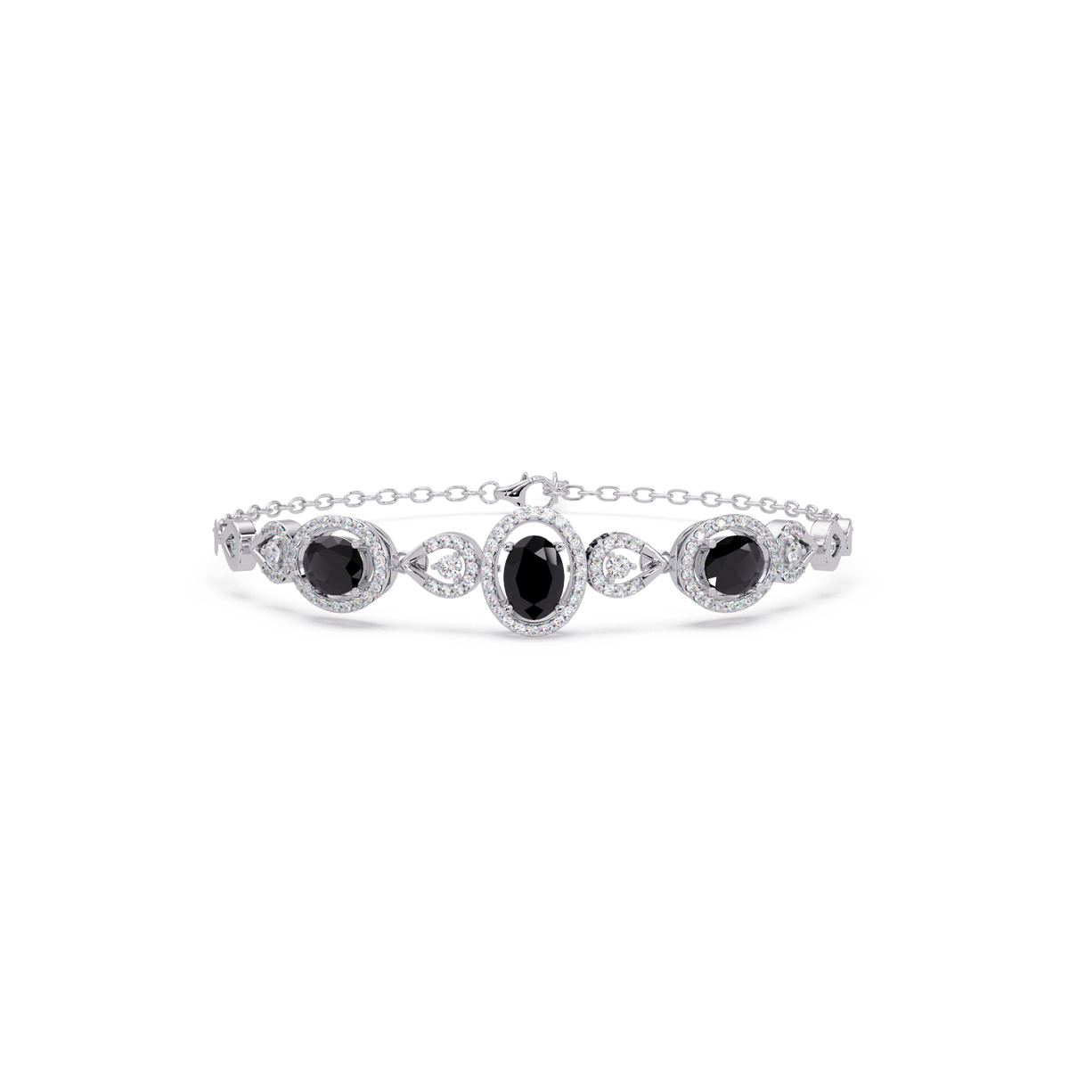 Lunéa Paris three-oval halo pavé bracelet in white gold, onyx colorstones