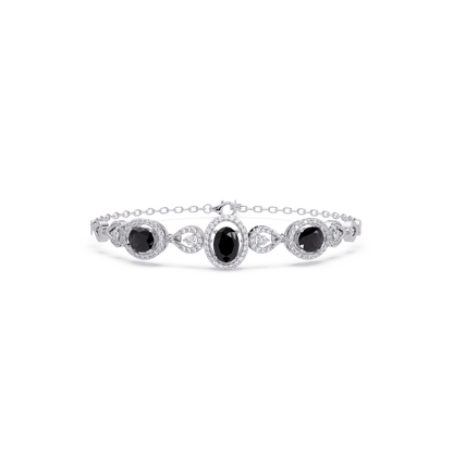 Lunéa Paris three-oval halo pavé bracelet in white gold, onyx colorstones