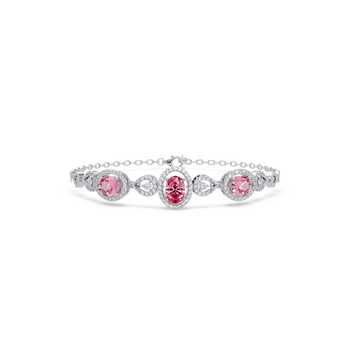 Lunéa Paris three-oval halo pavé bracelet in white gold, pink colorstones