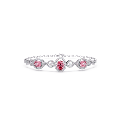 Lunéa Paris three-oval halo pavé bracelet in white gold, pink colorstones