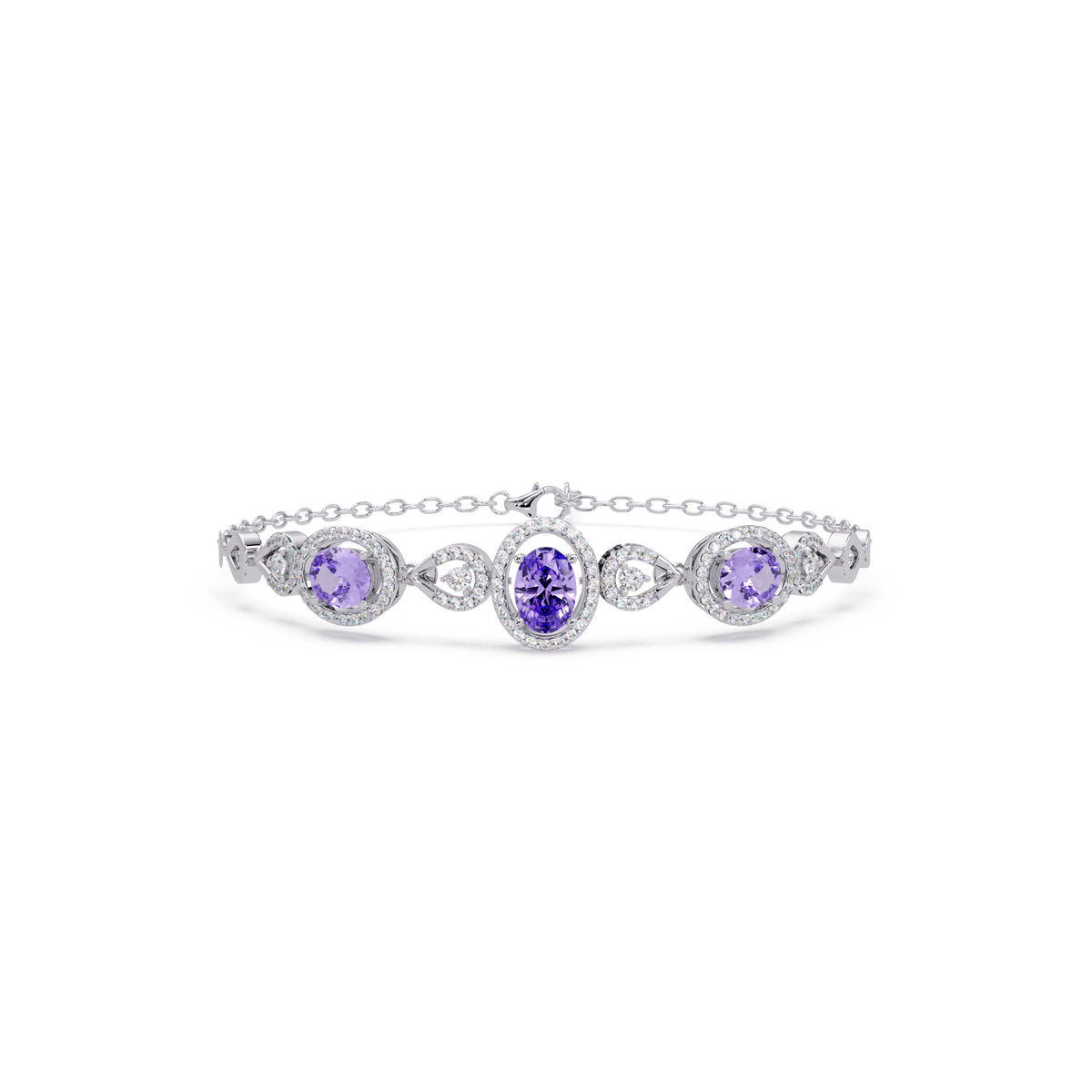 Lunéa Paris three-oval halo pavé bracelet in white gold, purple colorstones