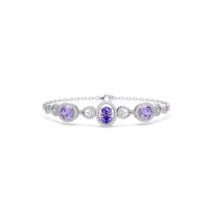 Lunéa Paris three-oval halo pavé bracelet in white gold, purple colorstones