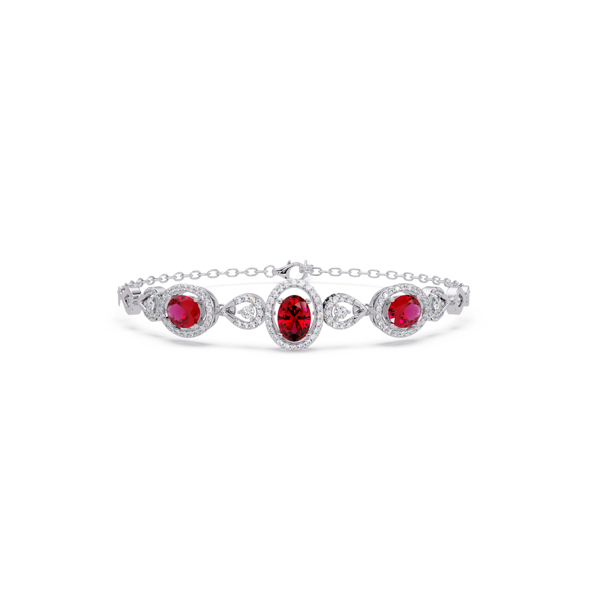 Lunéa Paris three-oval halo pavé bracelet in white gold, red colorstones
