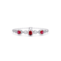 Lunéa Paris three-oval halo pavé bracelet in white gold, red colorstones