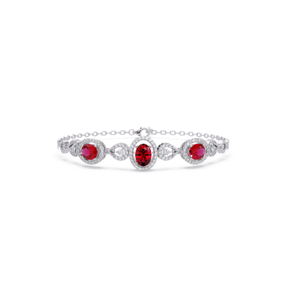 Lunéa Paris three-oval halo pavé bracelet in white gold, red colorstones