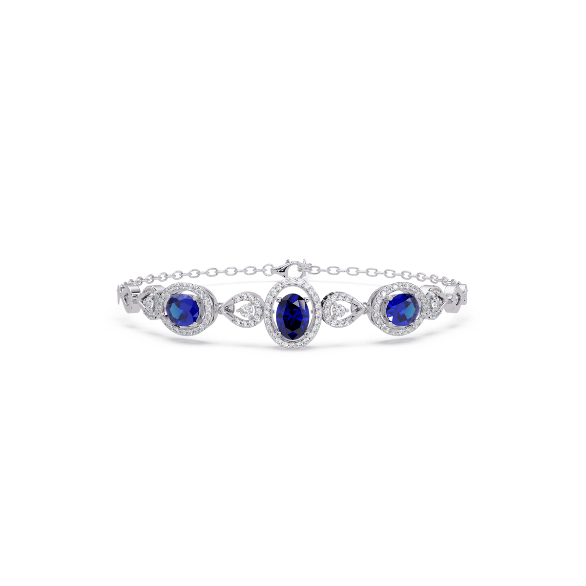 Lunéa Paris three-oval halo pavé bracelet in white gold, sapphire colorstones
