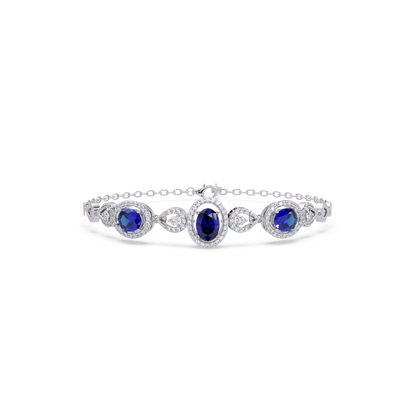 Lunéa Paris three-oval halo pavé bracelet in white gold, sapphire colorstones