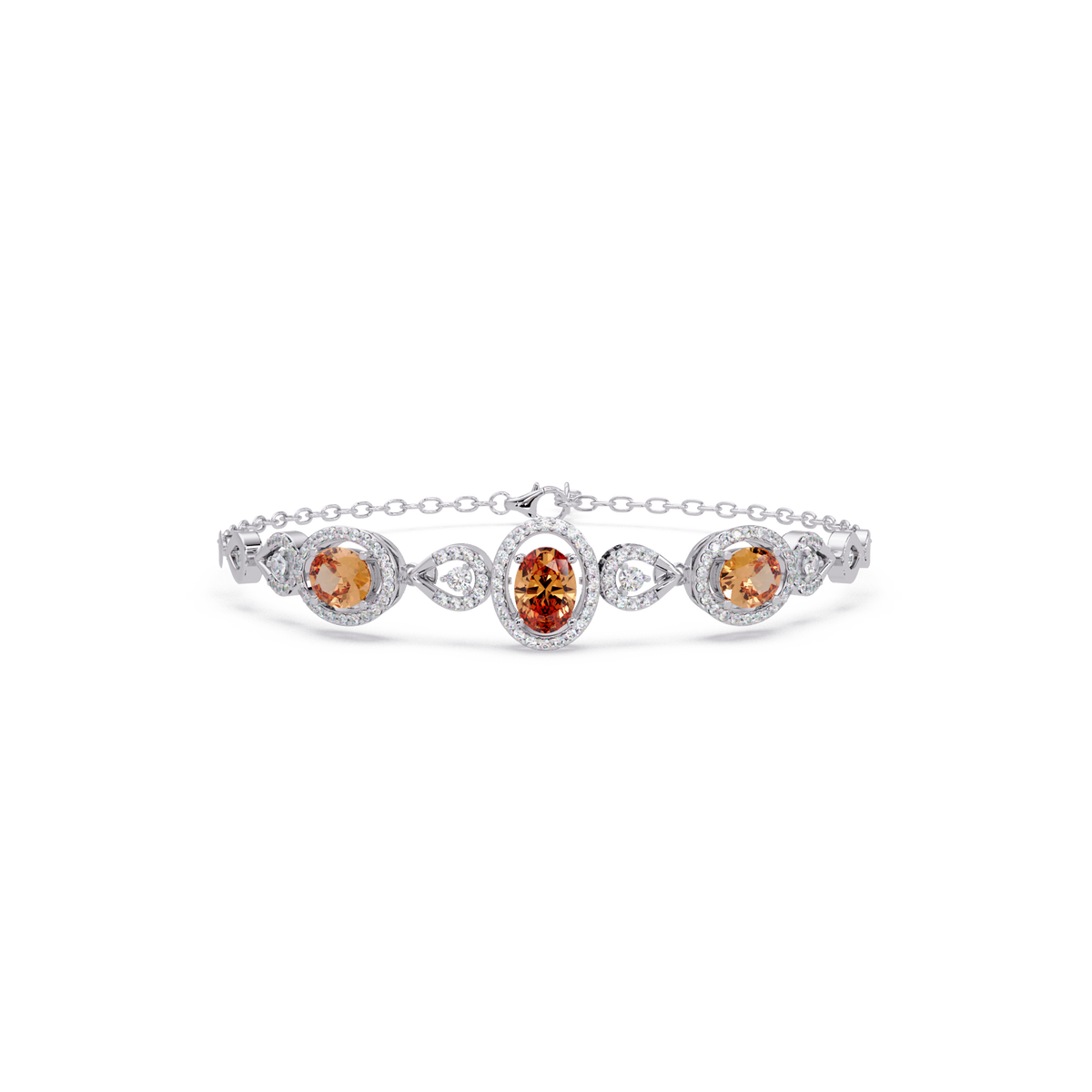Lunéa Paris three-oval halo pavé bracelet in white gold, topaz colorstones