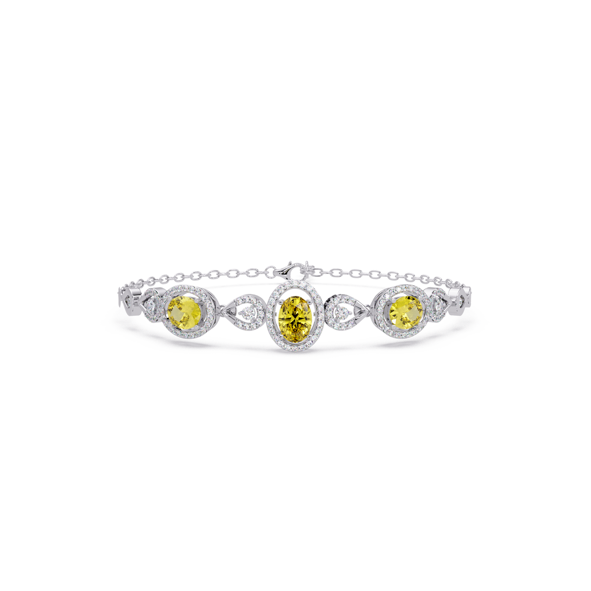 Lunéa Paris three-oval halo pavé bracelet in white gold, yellow colorstones