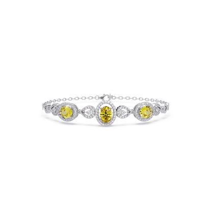 Lunéa Paris three-oval halo pavé bracelet in white gold, yellow colorstones