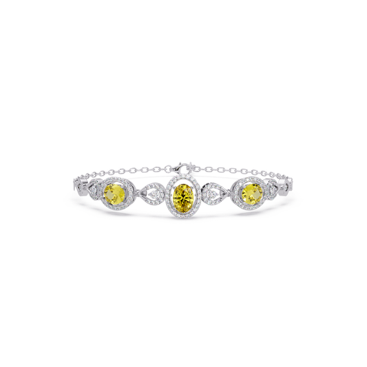 Lunéa Paris three-oval halo pavé bracelet in white gold, yellow colorstones