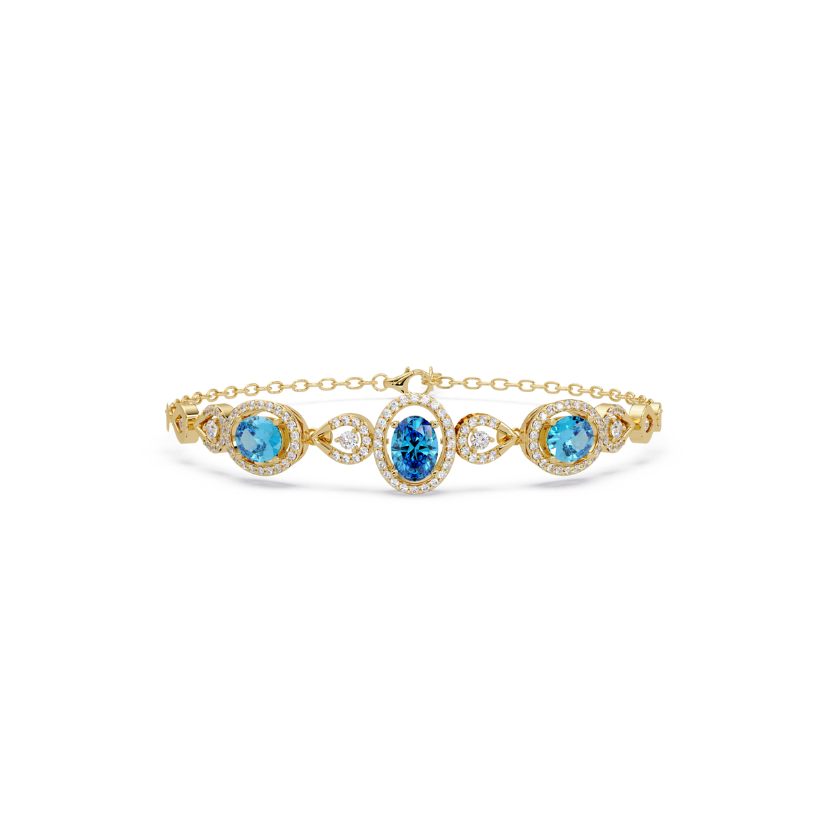 Lunéa Paris three-oval halo pavé bracelet in yellow gold, aquamarine colorstones