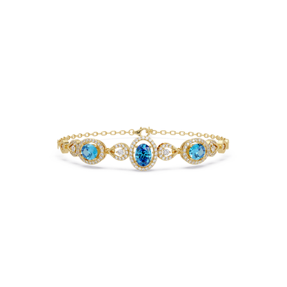 Lunéa Paris three-oval halo pavé bracelet in yellow gold, aquamarine colorstones