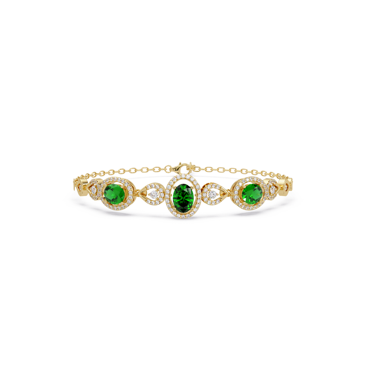 Lunéa Paris three-oval halo pavé bracelet in yellow gold, green colorstones