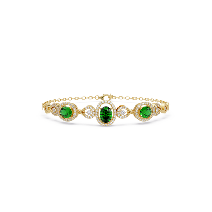 Lunéa Paris three-oval halo pavé bracelet in yellow gold, green colorstones