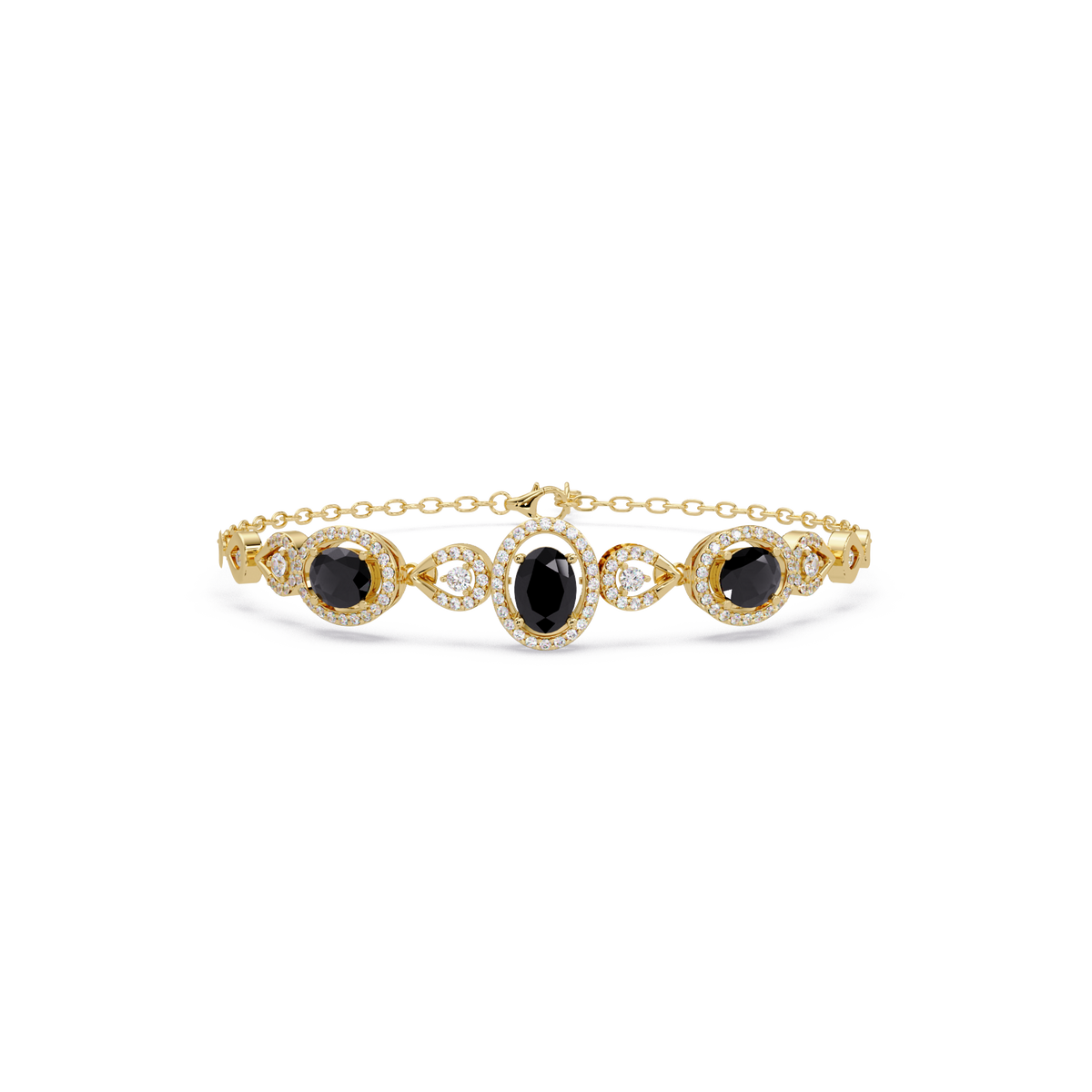 Lunéa Paris three-oval halo pavé bracelet in yellow gold, onyx colorstones