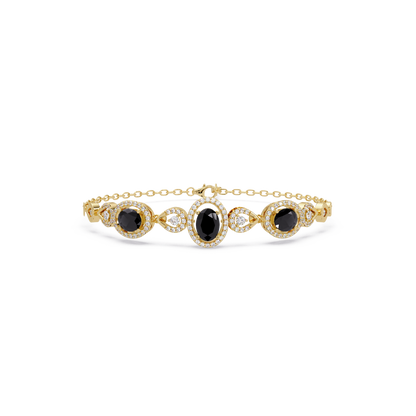 Lunéa Paris three-oval halo pavé bracelet in yellow gold, onyx colorstones